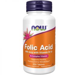 NOW Foods Folic Acid with Vitamin B12 800mcg Tablets 250