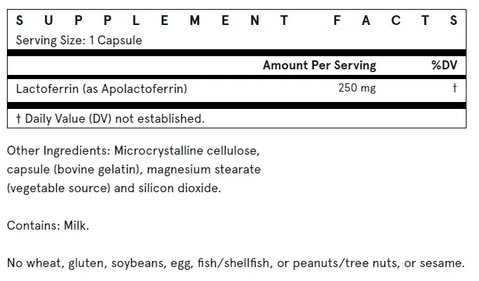 Jarrow Formulas Lactoferrin 250mg capsules ingredients label